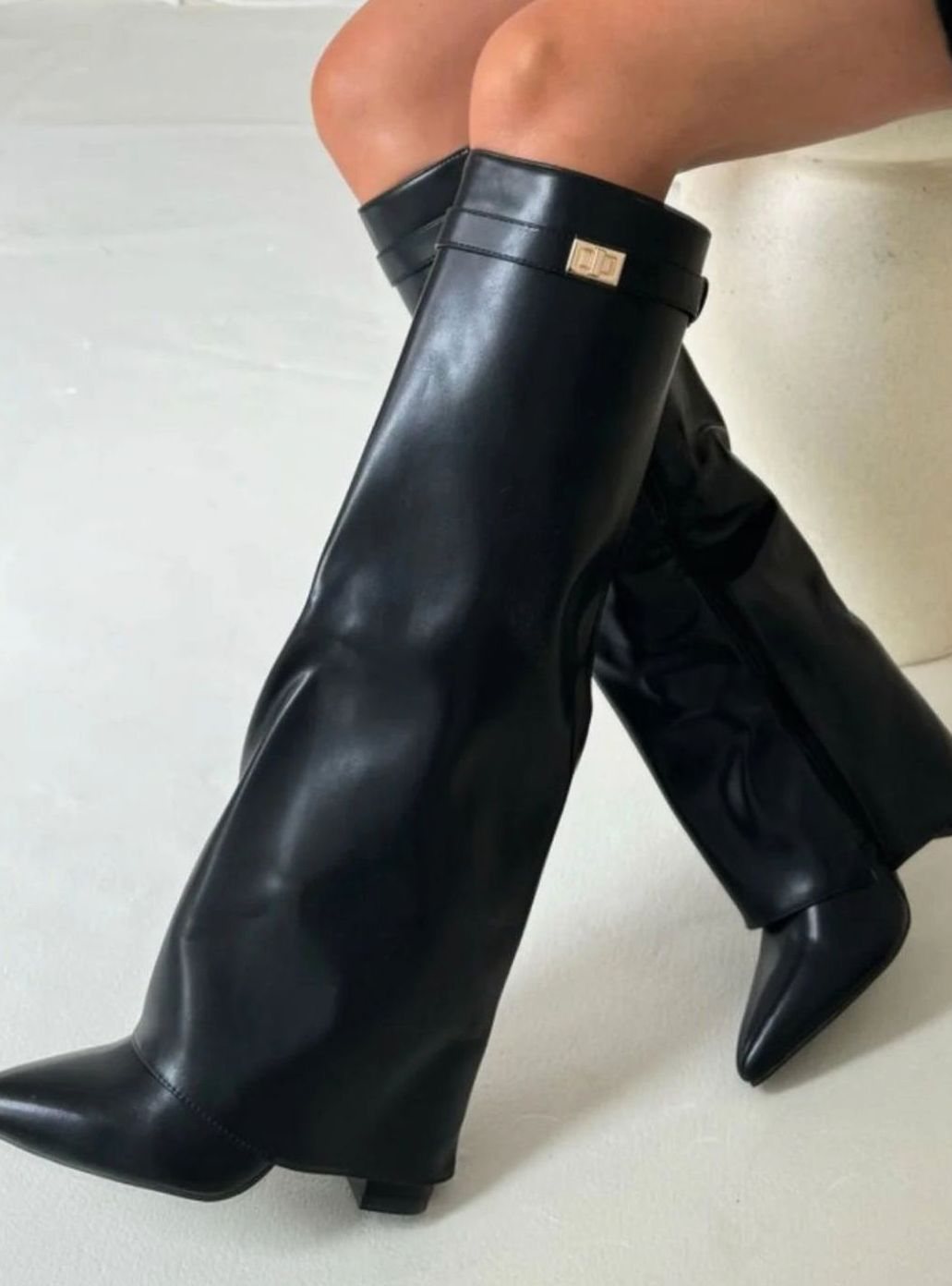 Women's Suede Pointed-Toe Gold-Buckle Thigh-High Boots