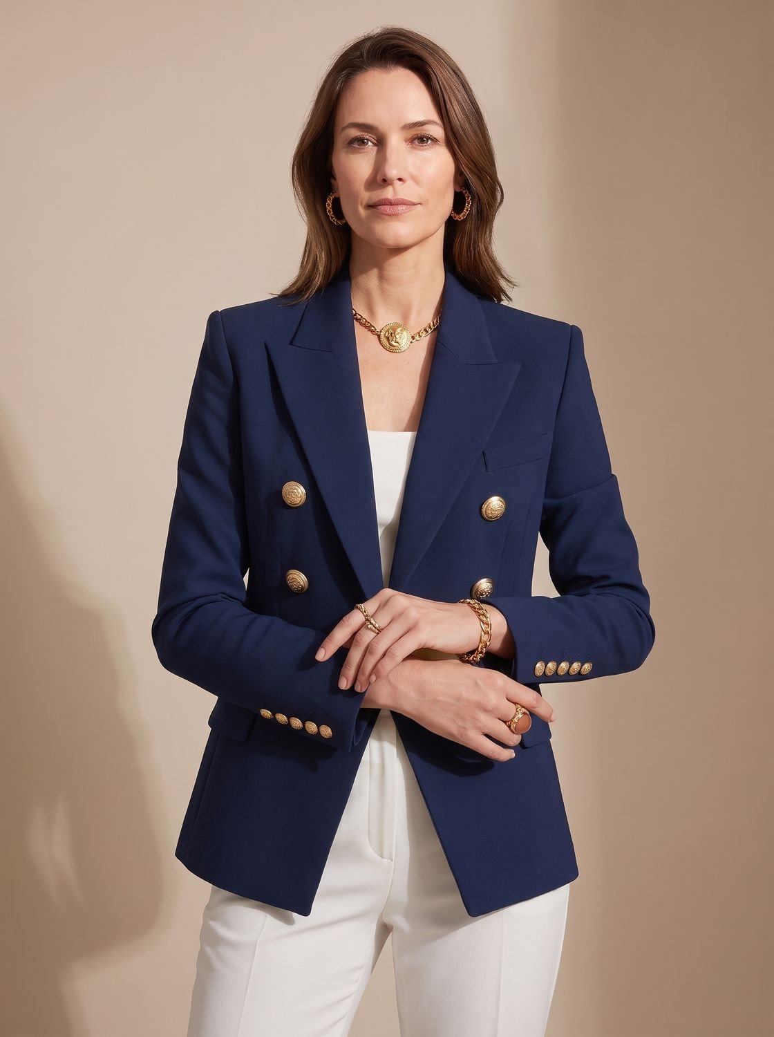 Blazer ajusté à double boutonnage pour femme, avec boutons dorés