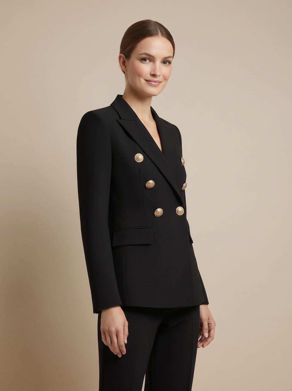 Blazer ajusté à double boutonnage pour femme, avec boutons dorés