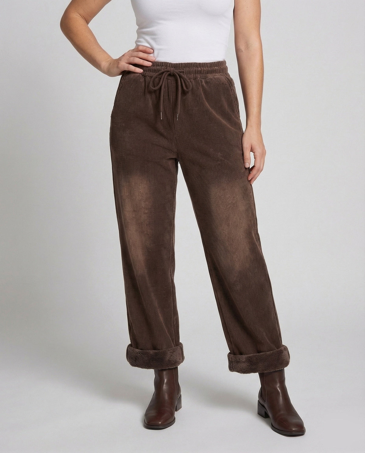 Pantalon thermique pour femme en velours côtelé doublé de polaire effet peluche
