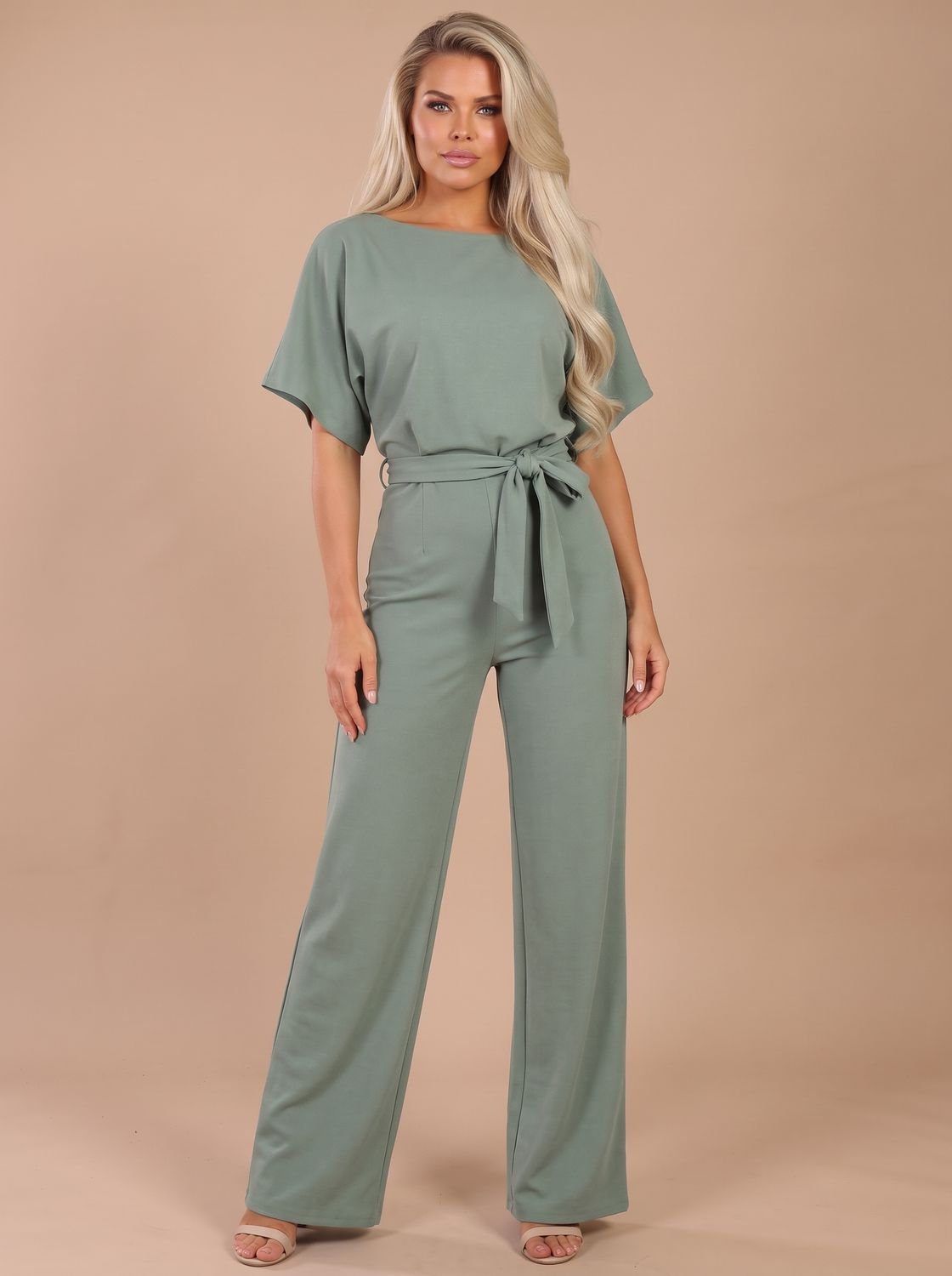 Combinaison courte à manches courtes pour femme, à jambes larges et ceinture à nouer