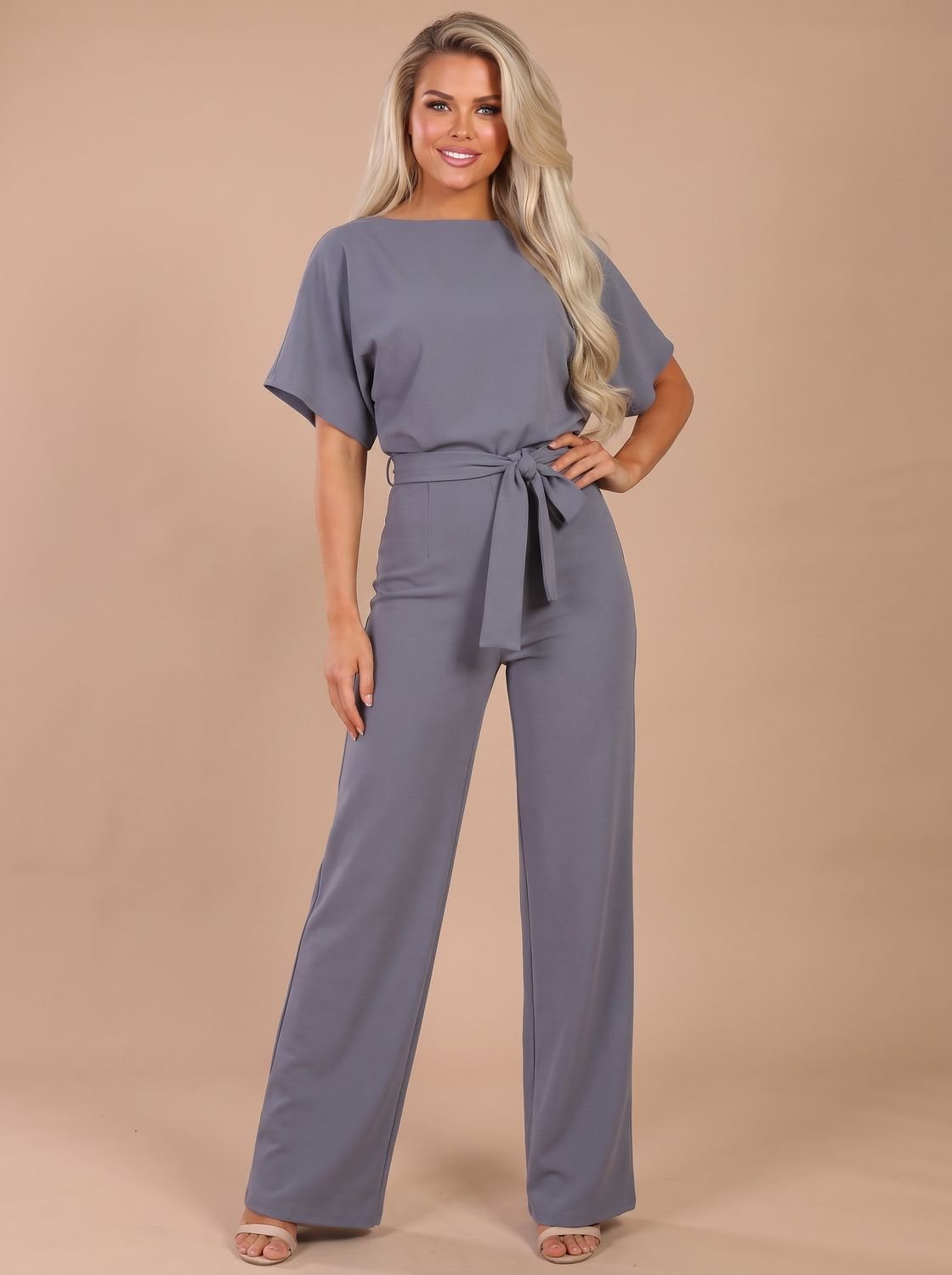 Combinaison courte à manches courtes pour femme, à jambes larges et ceinture à nouer