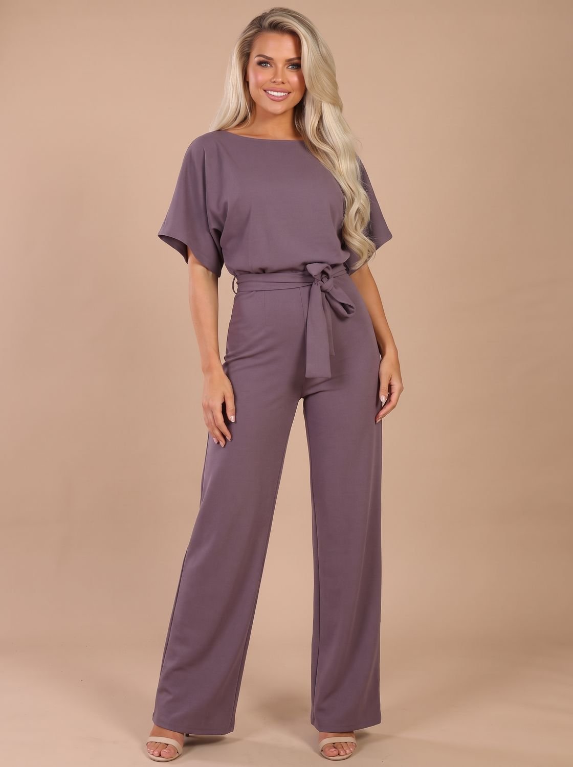 Combinaison courte à manches courtes pour femme, à jambes larges et ceinture à nouer