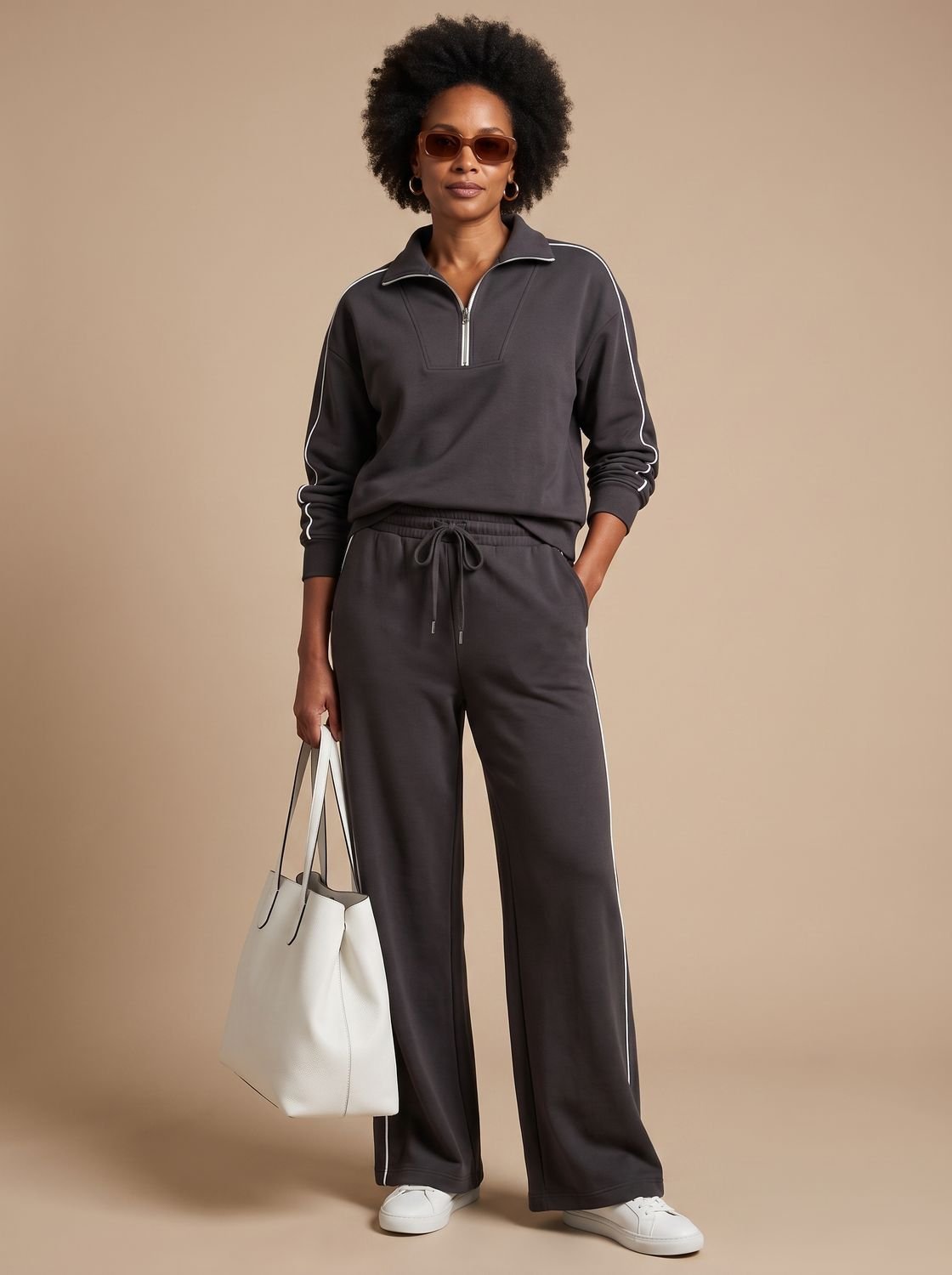 Women's Two-Piece Half-Zip Wide-Leg Pants Lounge Set