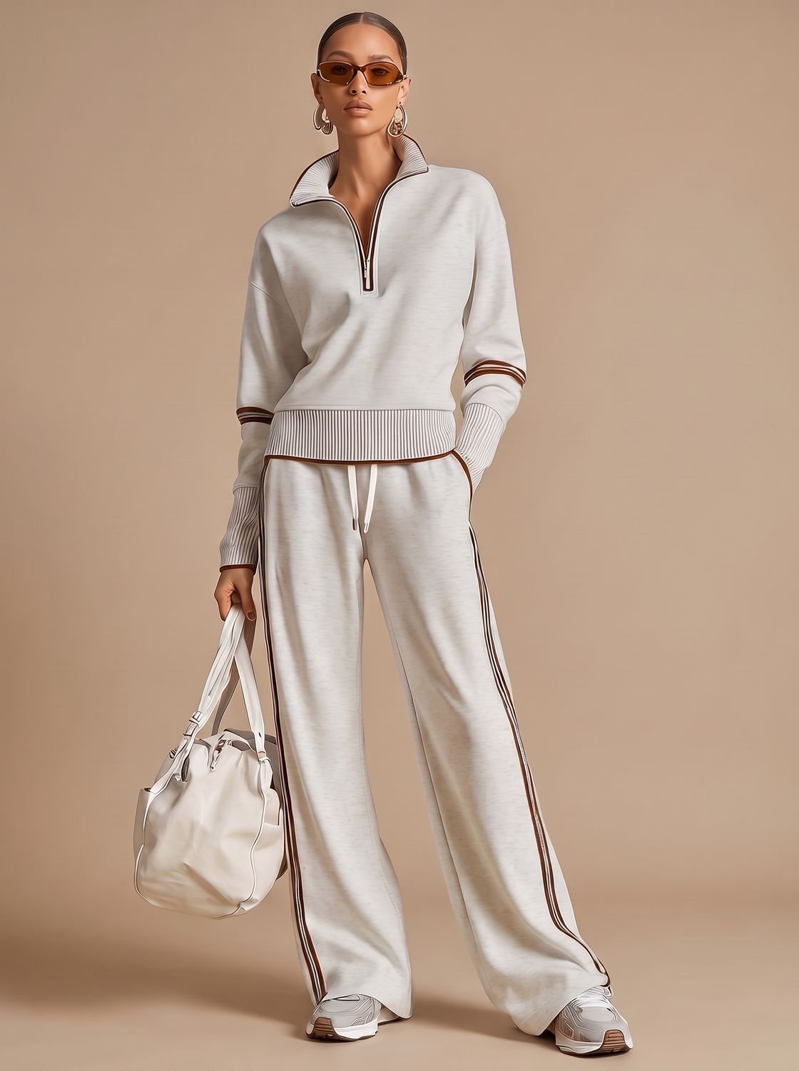 Women's Two-Piece Half-Zip Wide-Leg Pants Lounge Set