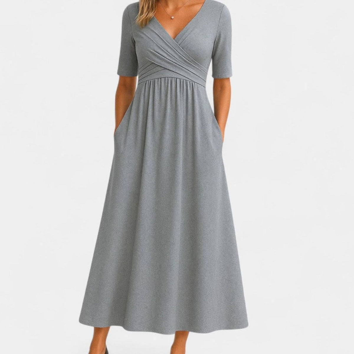 Women's V-Neck Crossover Empire-Waist Midi Dress with Pockets