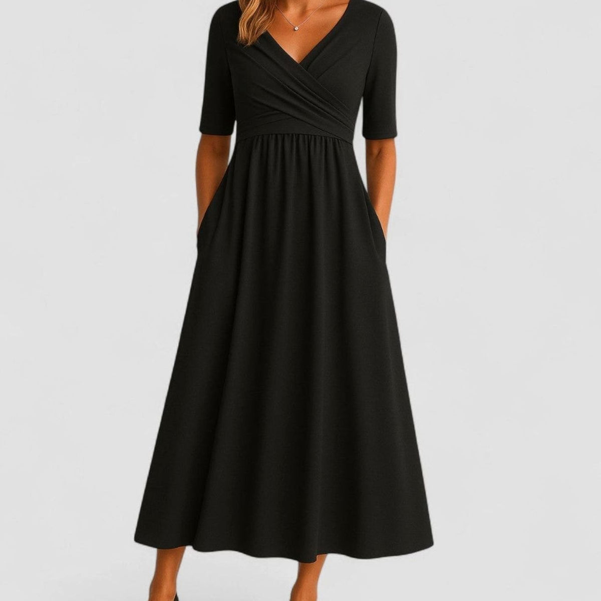 Women's V-Neck Crossover Empire-Waist Midi Dress with Pockets