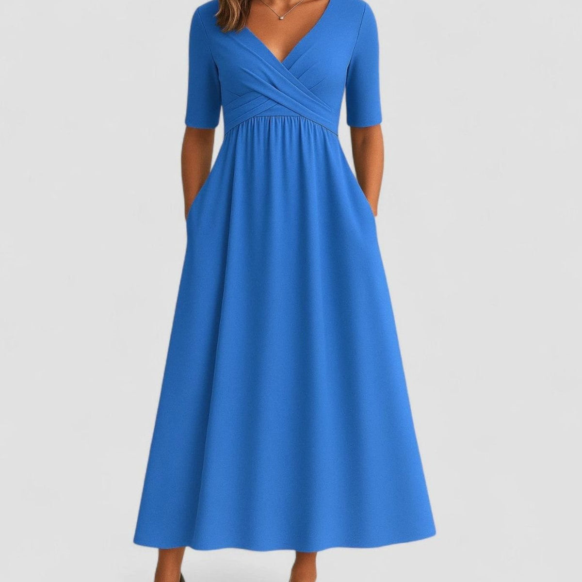 Women's V-Neck Crossover Empire-Waist Midi Dress with Pockets