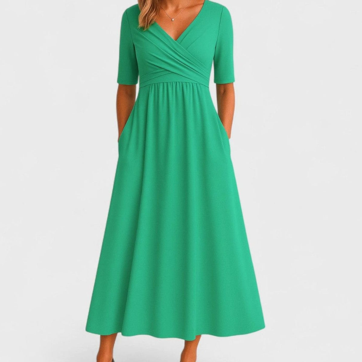 Women's V-Neck Crossover Empire-Waist Midi Dress with Pockets