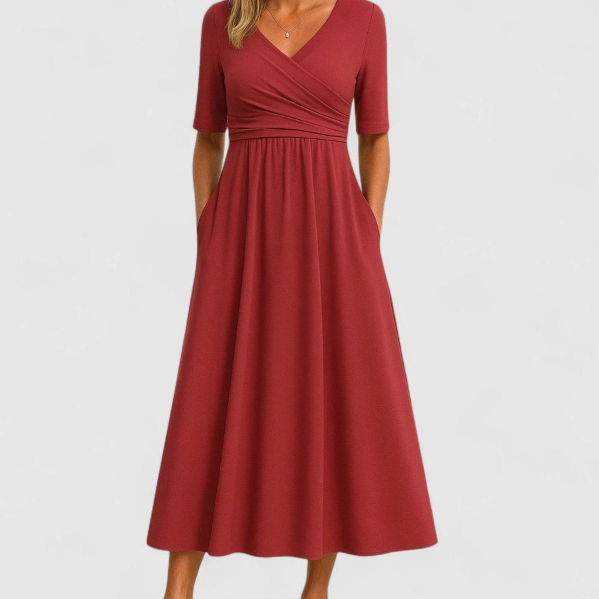 Women's V-Neck Crossover Empire-Waist Midi Dress with Pockets