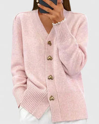 Gilet cardigan en maille à col en V et boutons cœur dorés pour femme