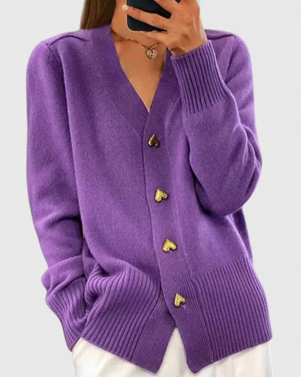 Gilet cardigan en maille à col en V et boutons cœur dorés pour femme