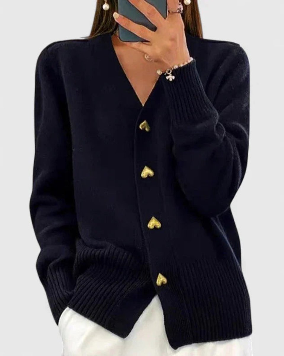 Gilet cardigan en maille à col en V et boutons cœur dorés pour femme