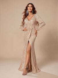 Women's V-Neck Long Sleeve Sequin Maxi Christmas Party Gown