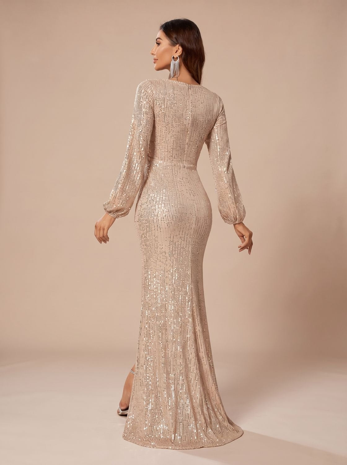 Women's V-Neck Long Sleeve Sequin Maxi Christmas Party Gown