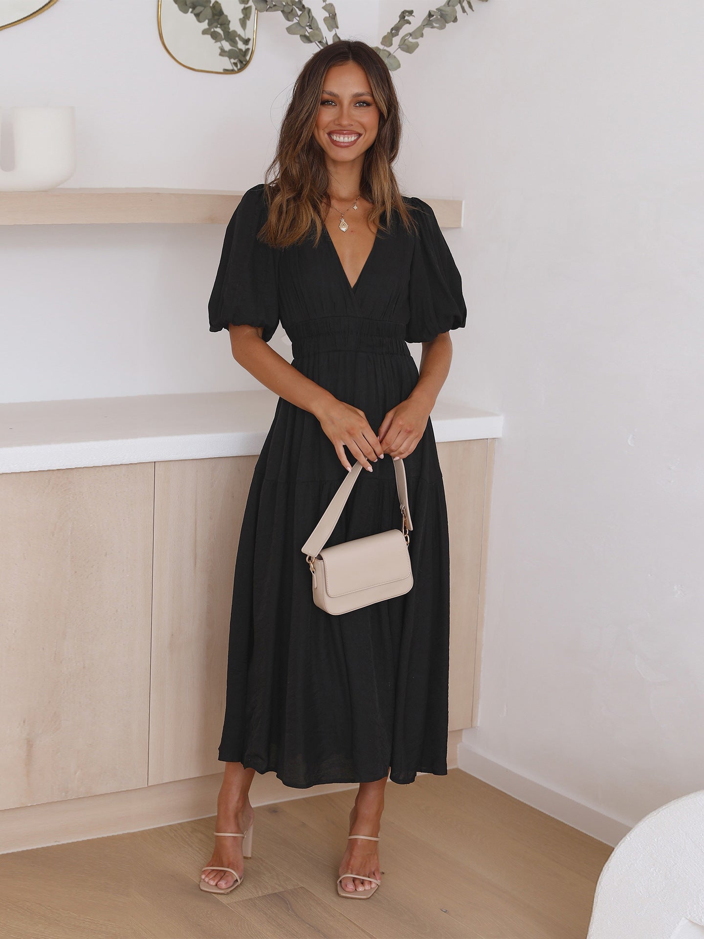Robe midi pour femme à col en V et manches bouffantes
