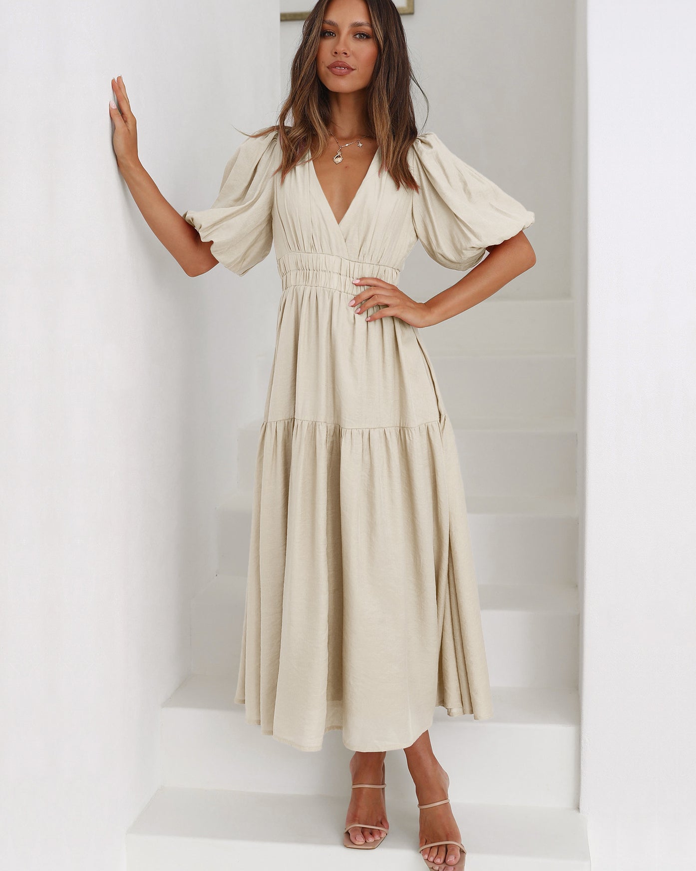Robe midi pour femme à col en V et manches bouffantes
