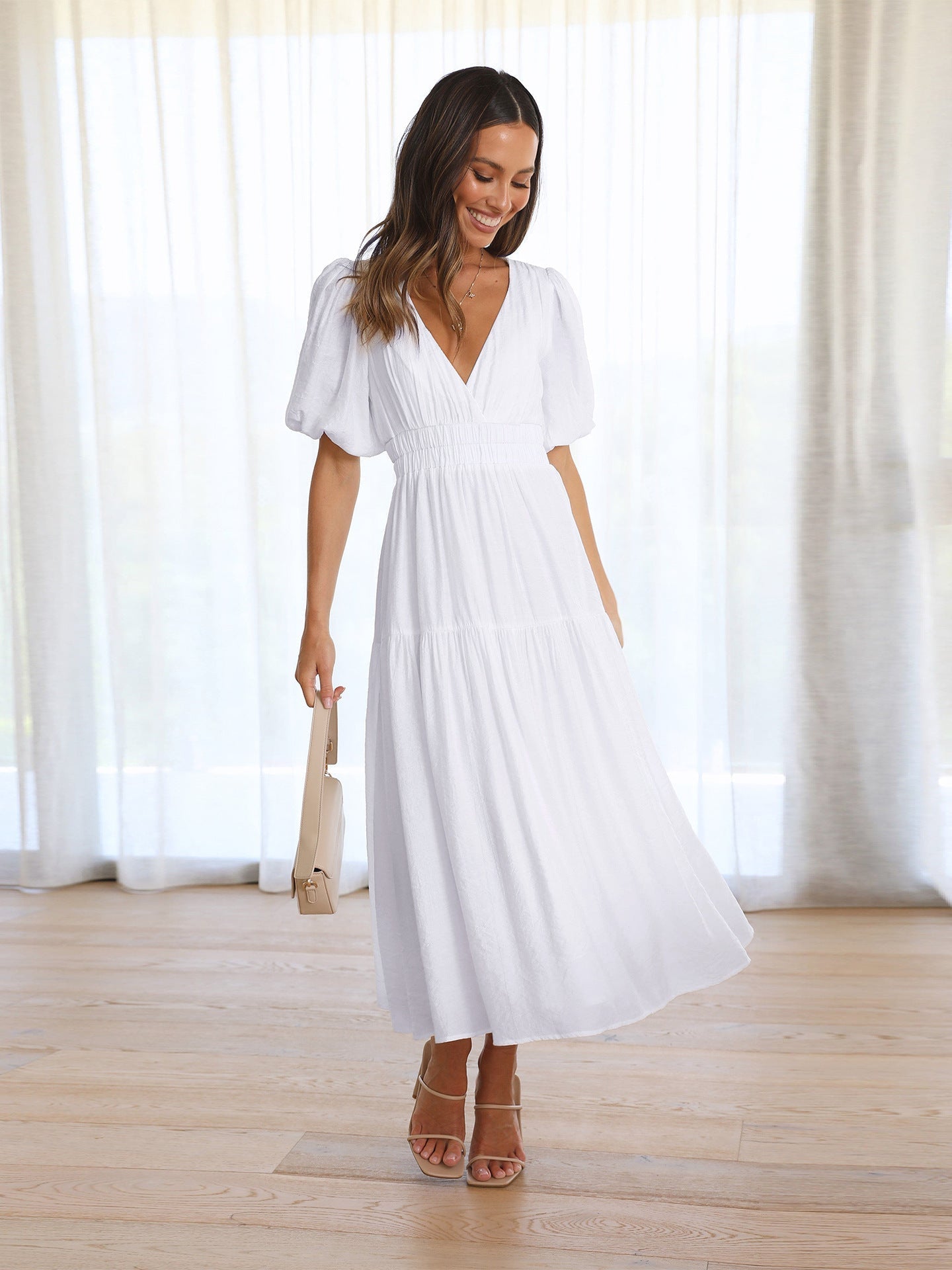 Robe midi pour femme à col en V et manches bouffantes