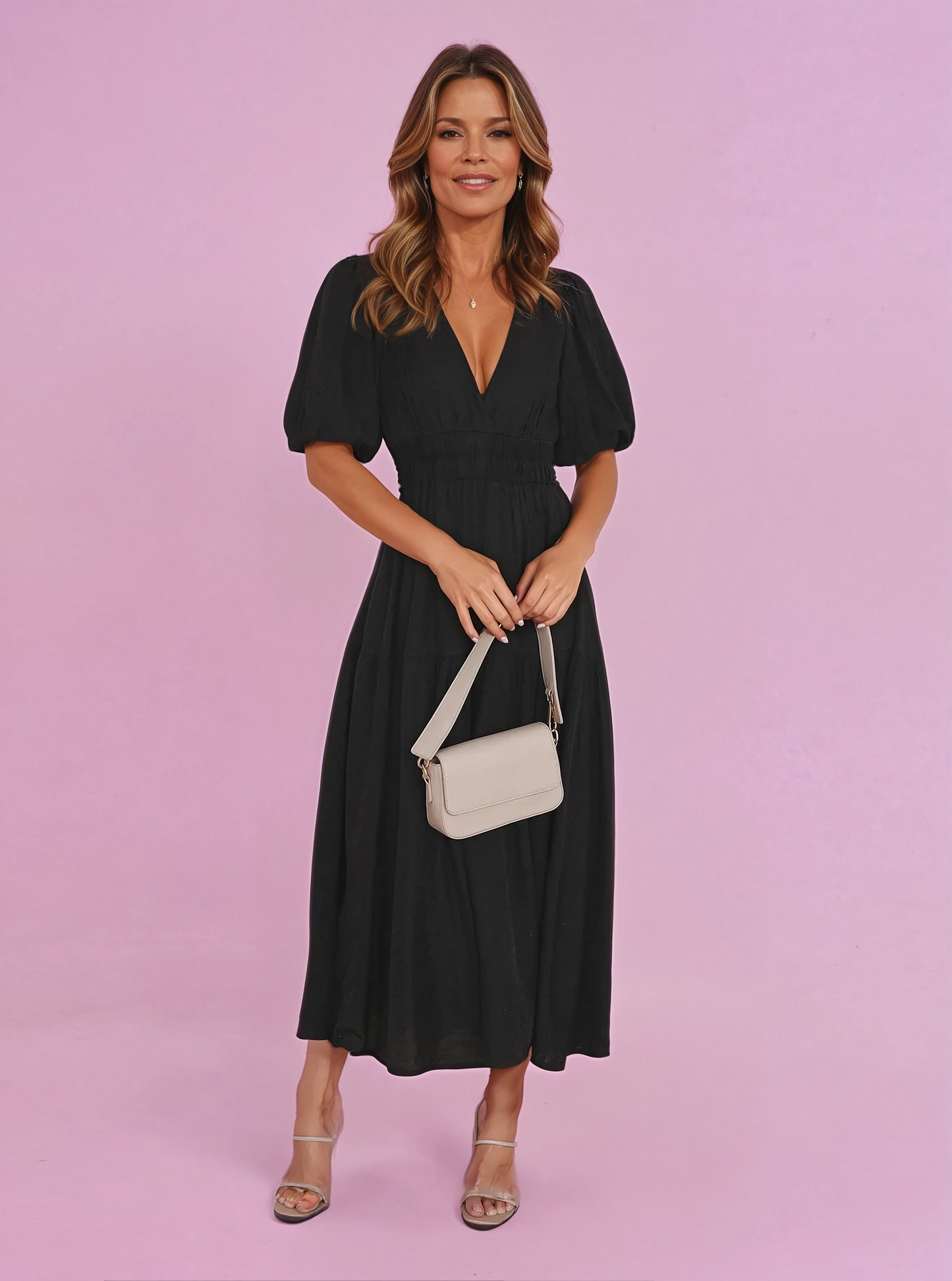 Robe midi pour femme à col en V et manches bouffantes