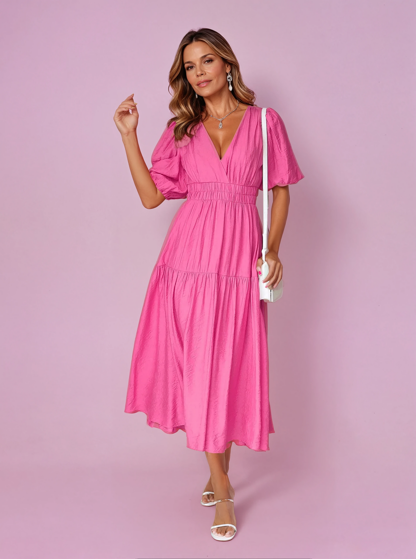 Robe midi pour femme à col en V et manches bouffantes