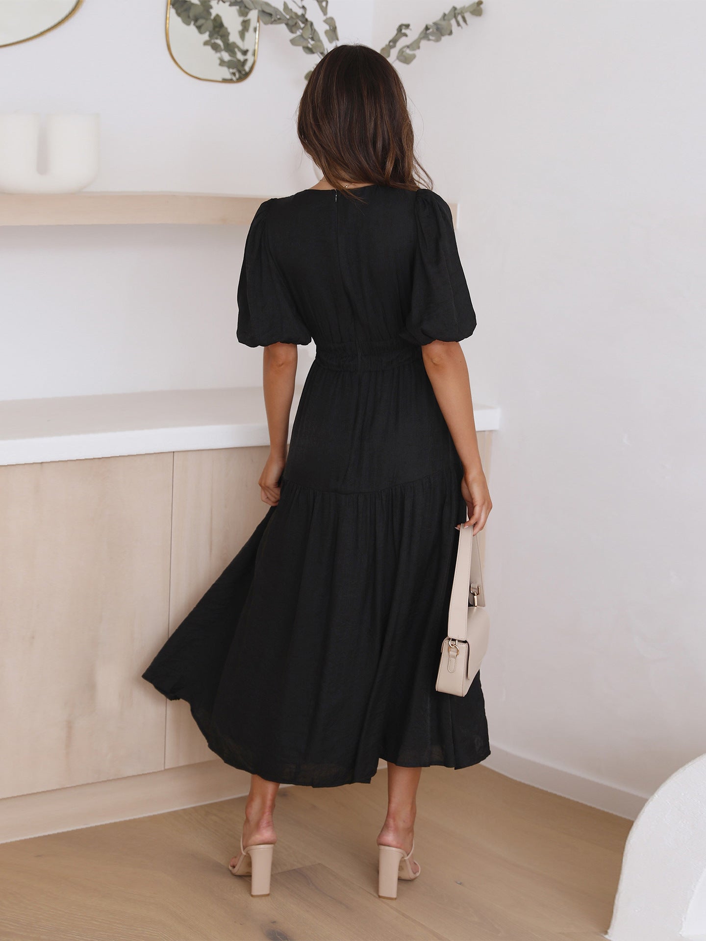 Robe midi pour femme à col en V et manches bouffantes