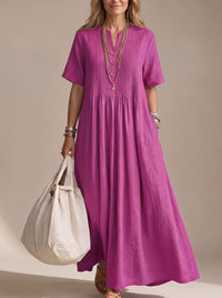 Women's V-Neck Pintuck Pleated Flowy Maxi Dress