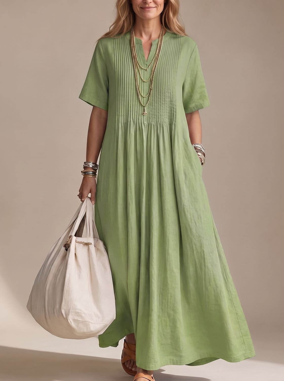 Women's V-Neck Pintuck Pleated Flowy Maxi Dress