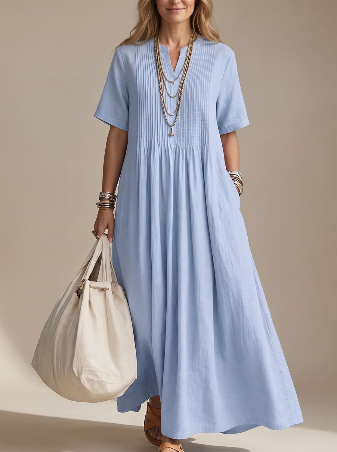 Women's V-Neck Pintuck Pleated Flowy Maxi Dress