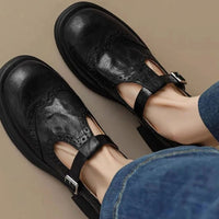 Women's Vintage Brogue Leather T-Strap Mary Jane Flats