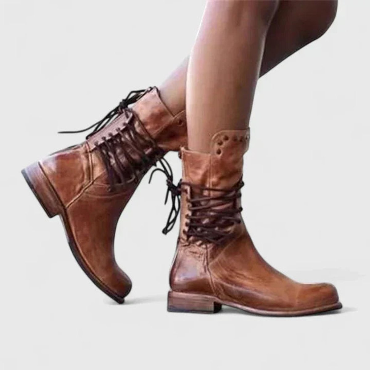 Bottes montantes jusqu’au genou pour femme, vintage, à lacets, clous et talon bloc