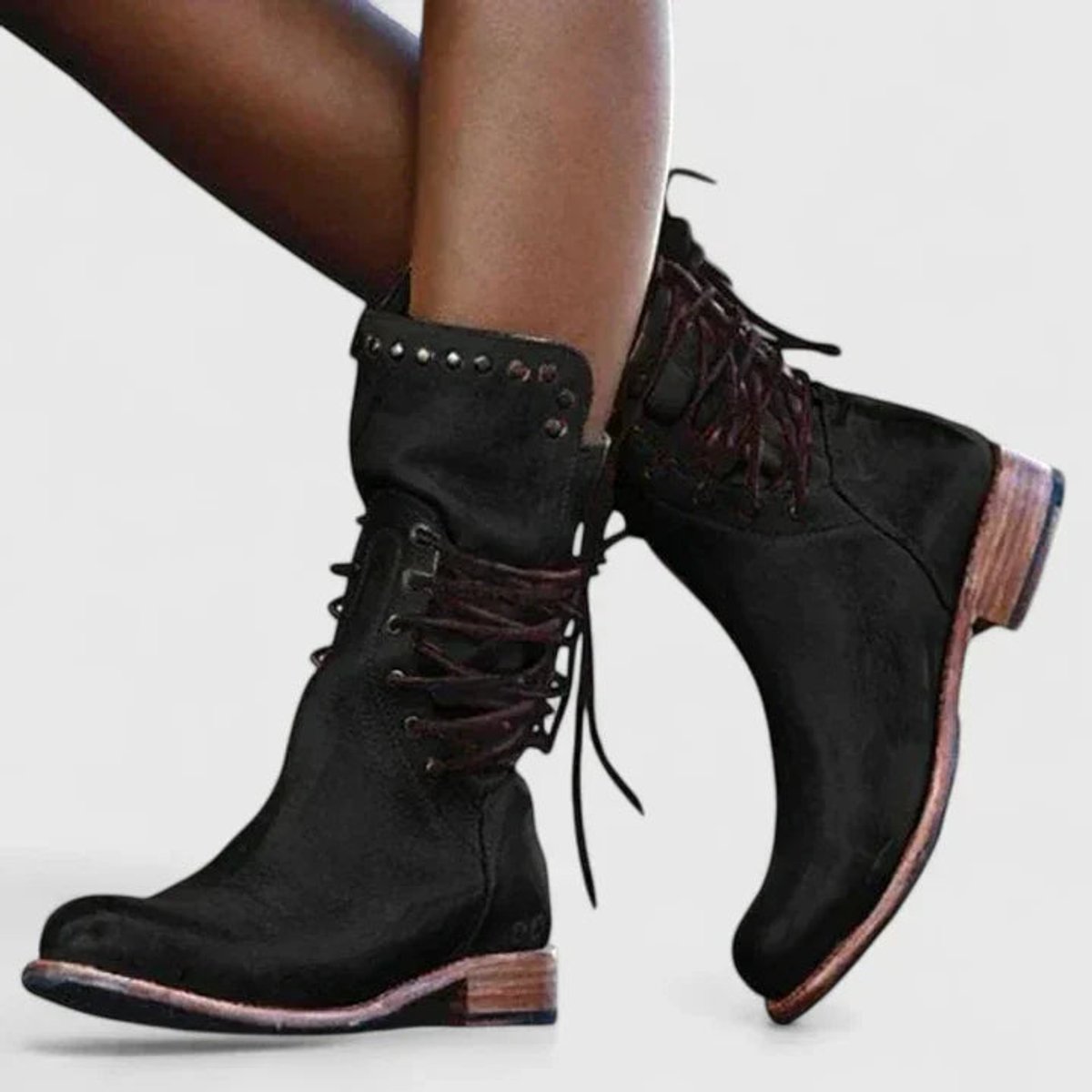 Bottes montantes jusqu’au genou pour femme, vintage, à lacets, clous et talon bloc
