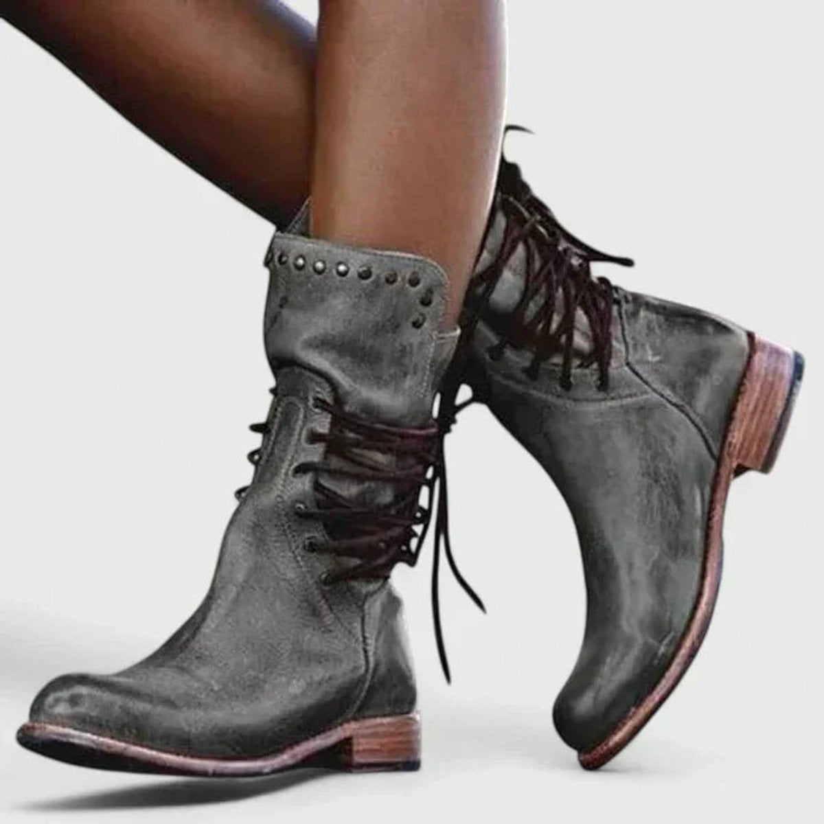 Bottes montantes jusqu’au genou pour femme, vintage, à lacets, clous et talon bloc