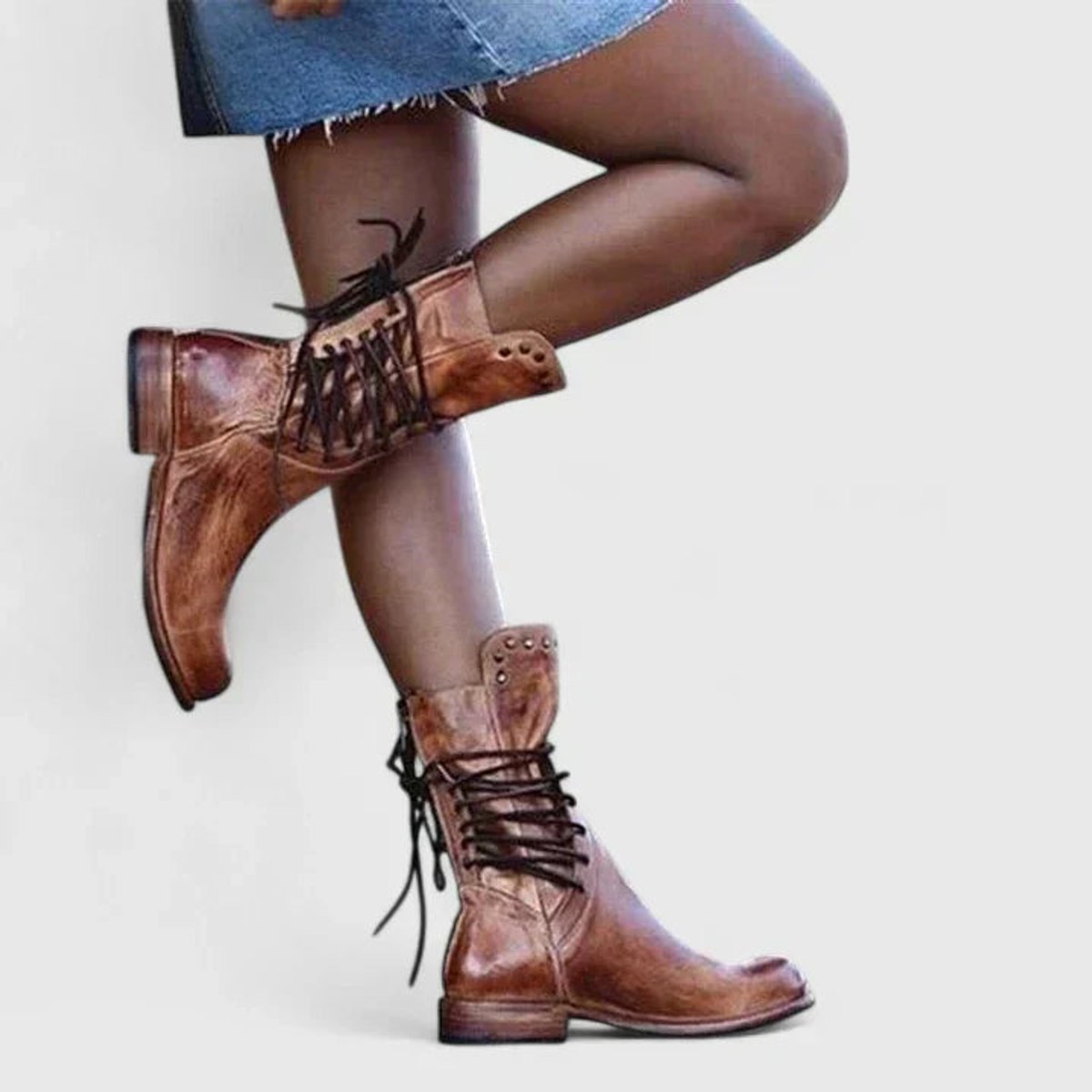 Bottes montantes jusqu’au genou pour femme, vintage, à lacets, clous et talon bloc