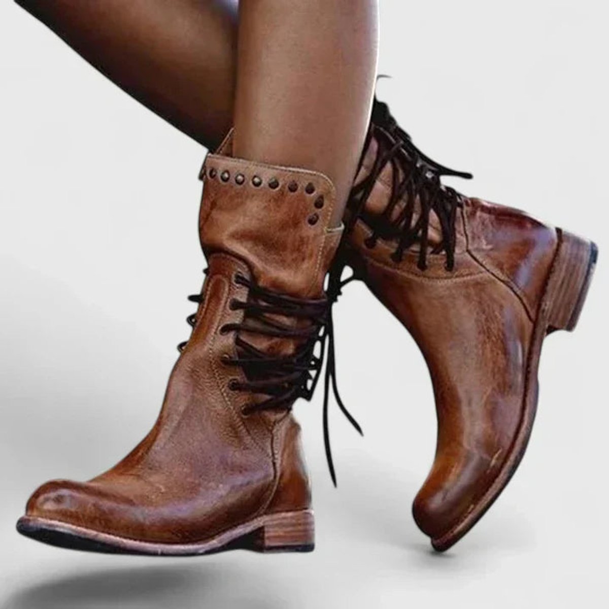 Bottes montantes jusqu’au genou pour femme, vintage, à lacets, clous et talon bloc