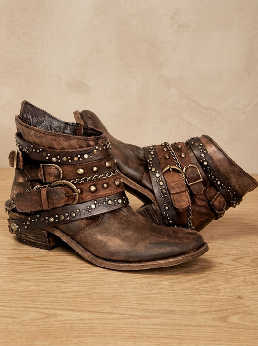 Women's Vintage Studded Buckle-Strap Western Ankle Boots