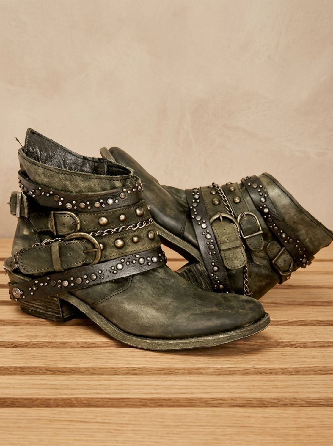 Women's Vintage Studded Buckle-Strap Western Ankle Boots
