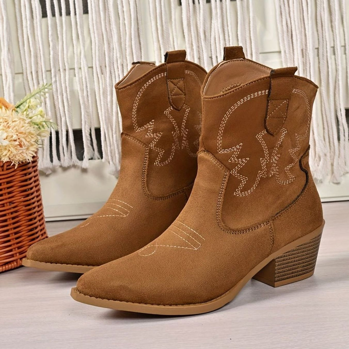 Women's Wide-Calf Embroidered Slip-On Western Cowboy Boots