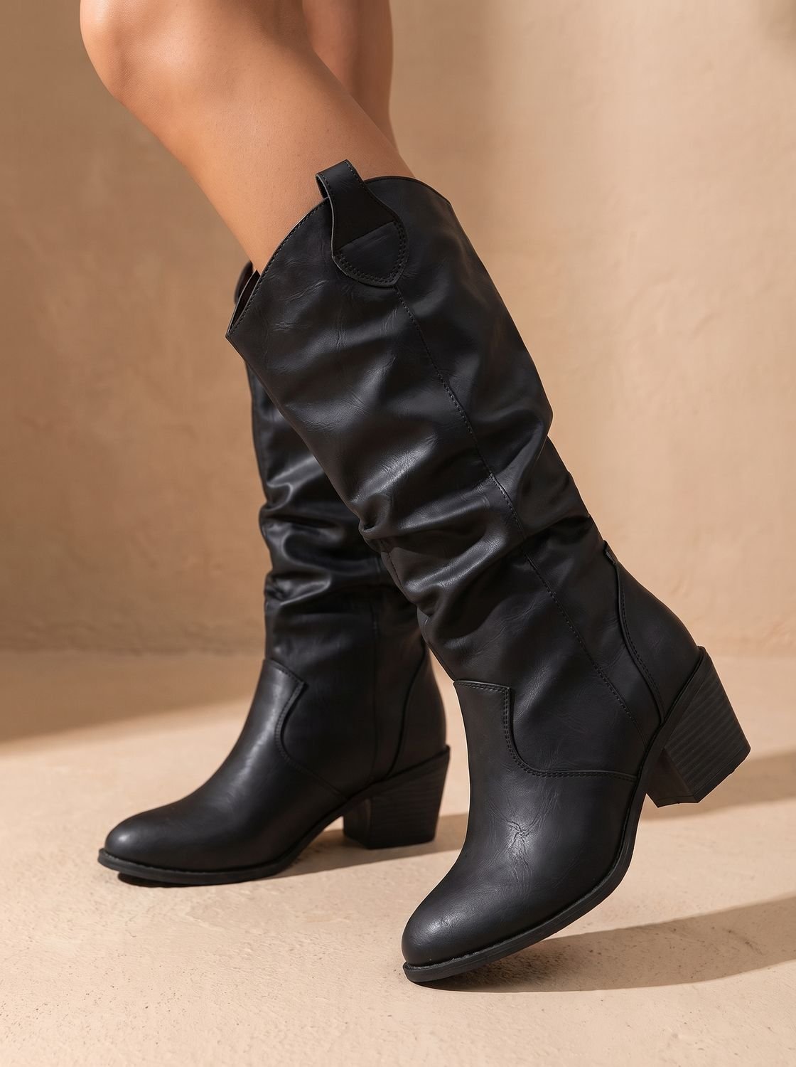 Bottes western hautes jusqu’au genou à enfiler, mollet large, pour femme
