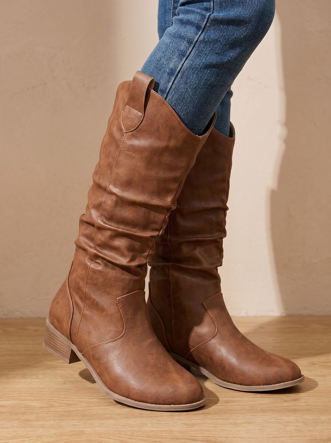 Bottes western hautes jusqu’au genou à enfiler, mollet large, pour femme