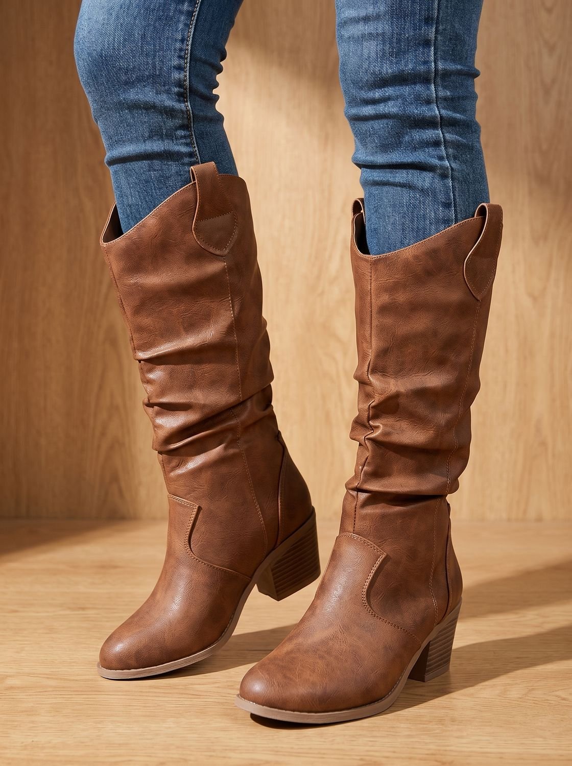 Bottes western hautes jusqu’au genou à enfiler, mollet large, pour femme