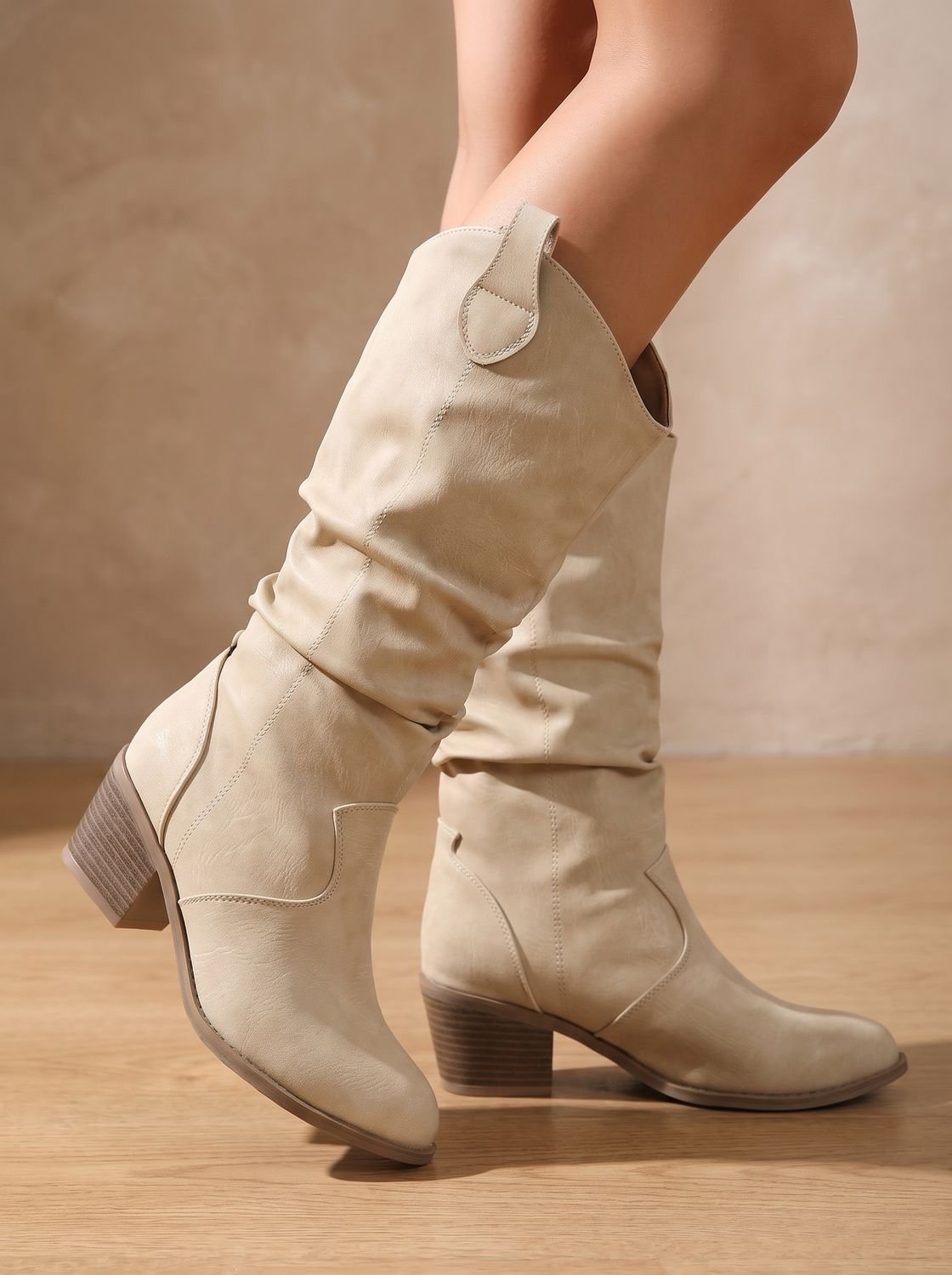 Bottes western hautes jusqu’au genou à enfiler, mollet large, pour femme