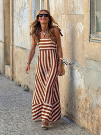 Robe longue à jupe ample et fines bretelles à nouer, à larges rayures, pour femme
