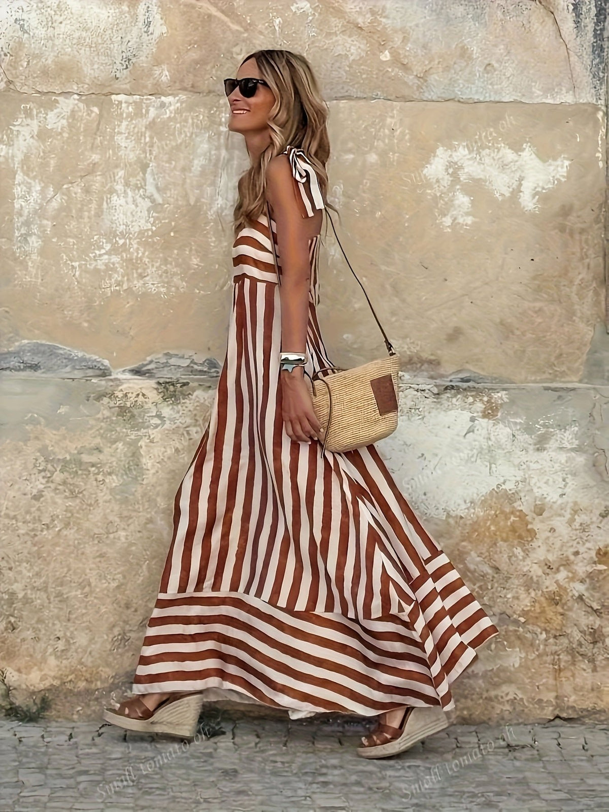 Robe longue à jupe ample et fines bretelles à nouer, à larges rayures, pour femme