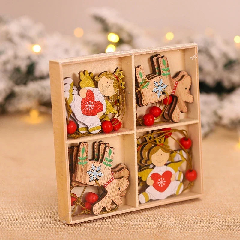Wooden Christmas Ornament Set with Vintage Natural Wood Finish and Twine Hanging Loops