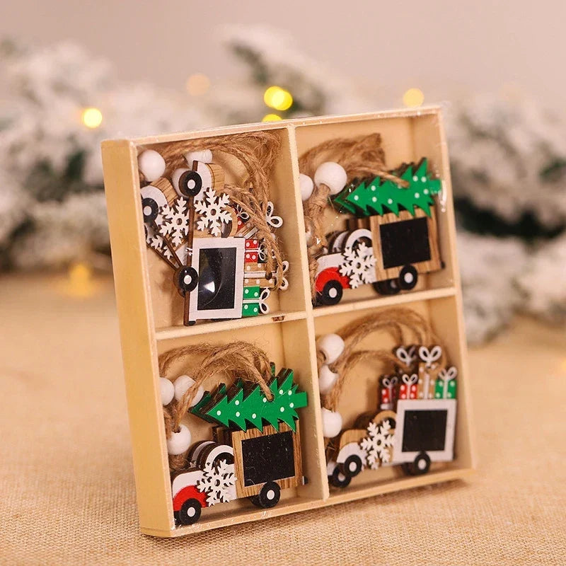 Wooden Christmas Ornament Set with Vintage Natural Wood Finish and Twine Hanging Loops