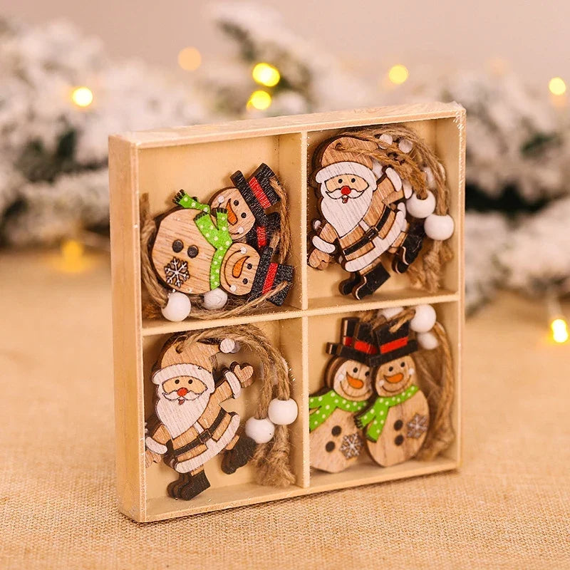 Wooden Christmas Ornament Set with Vintage Natural Wood Finish and Twine Hanging Loops