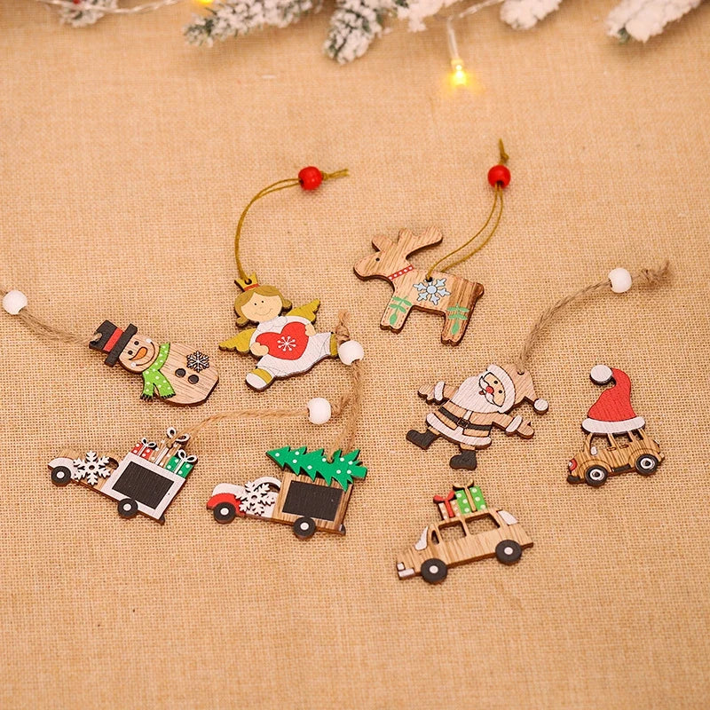 Wooden Christmas Ornament Set with Vintage Natural Wood Finish and Twine Hanging Loops