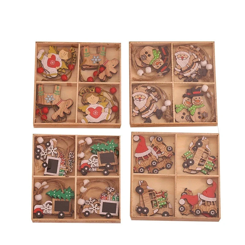 Wooden Christmas Ornament Set with Vintage Natural Wood Finish and Twine Hanging Loops