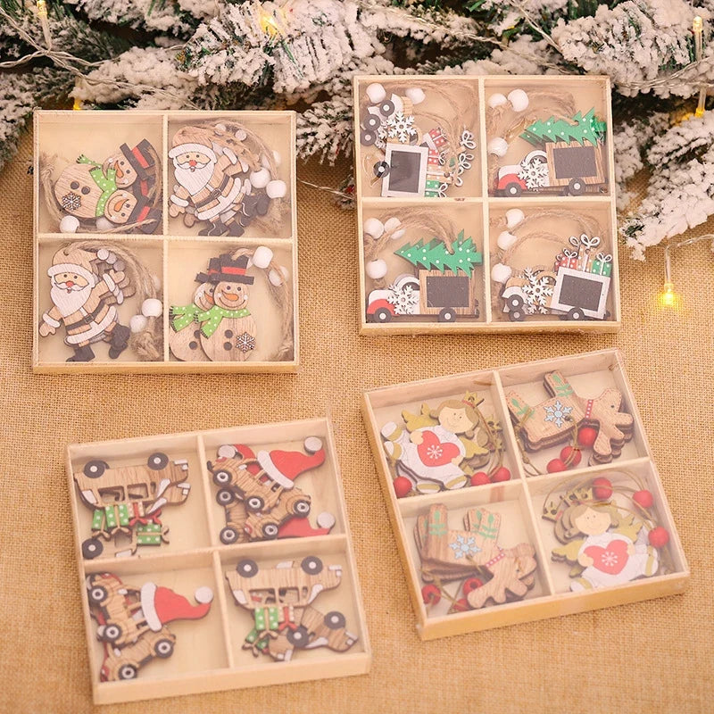 Wooden Christmas Ornament Set with Vintage Natural Wood Finish and Twine Hanging Loops
