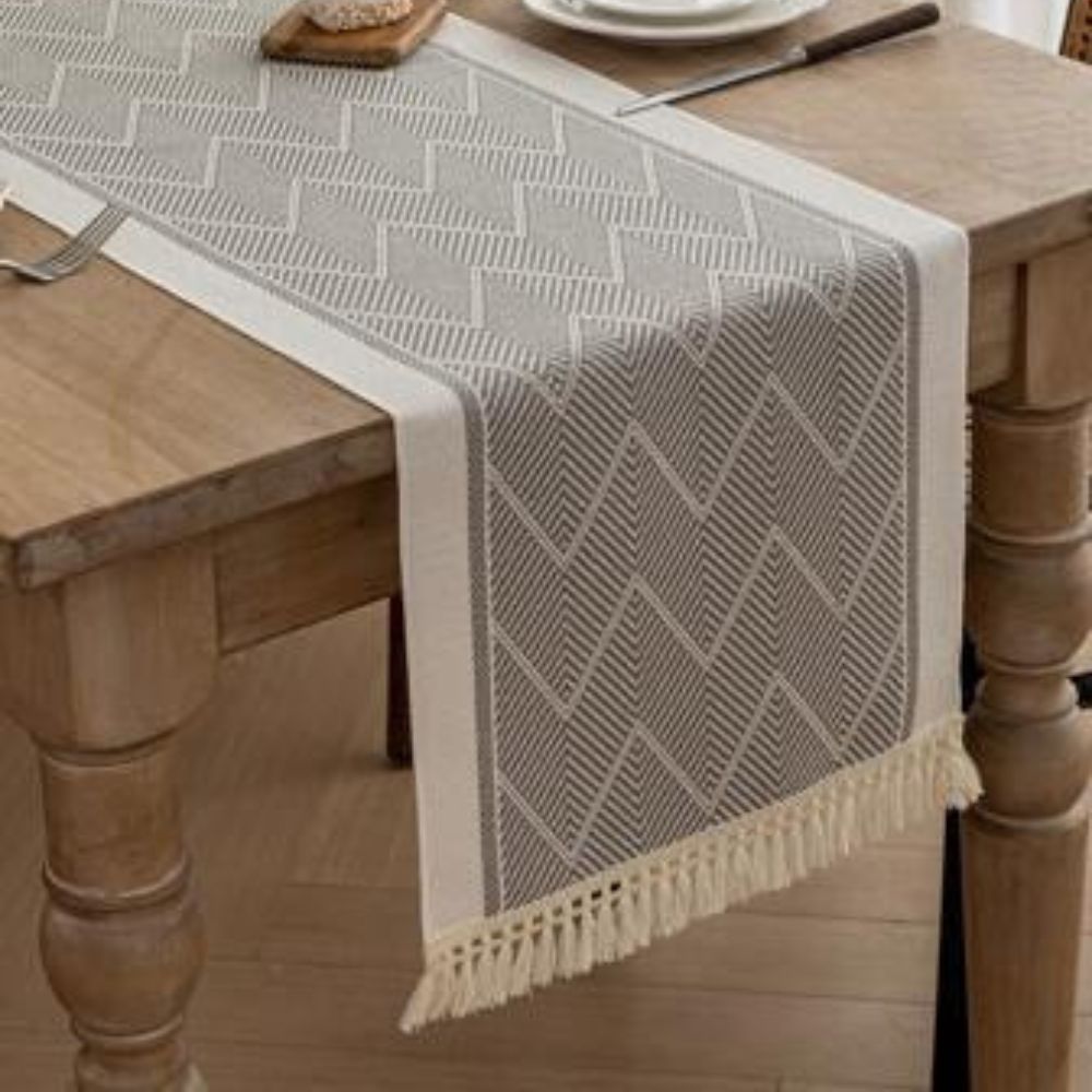 Woven Chevron Table Runner with Tassels - Microfibre